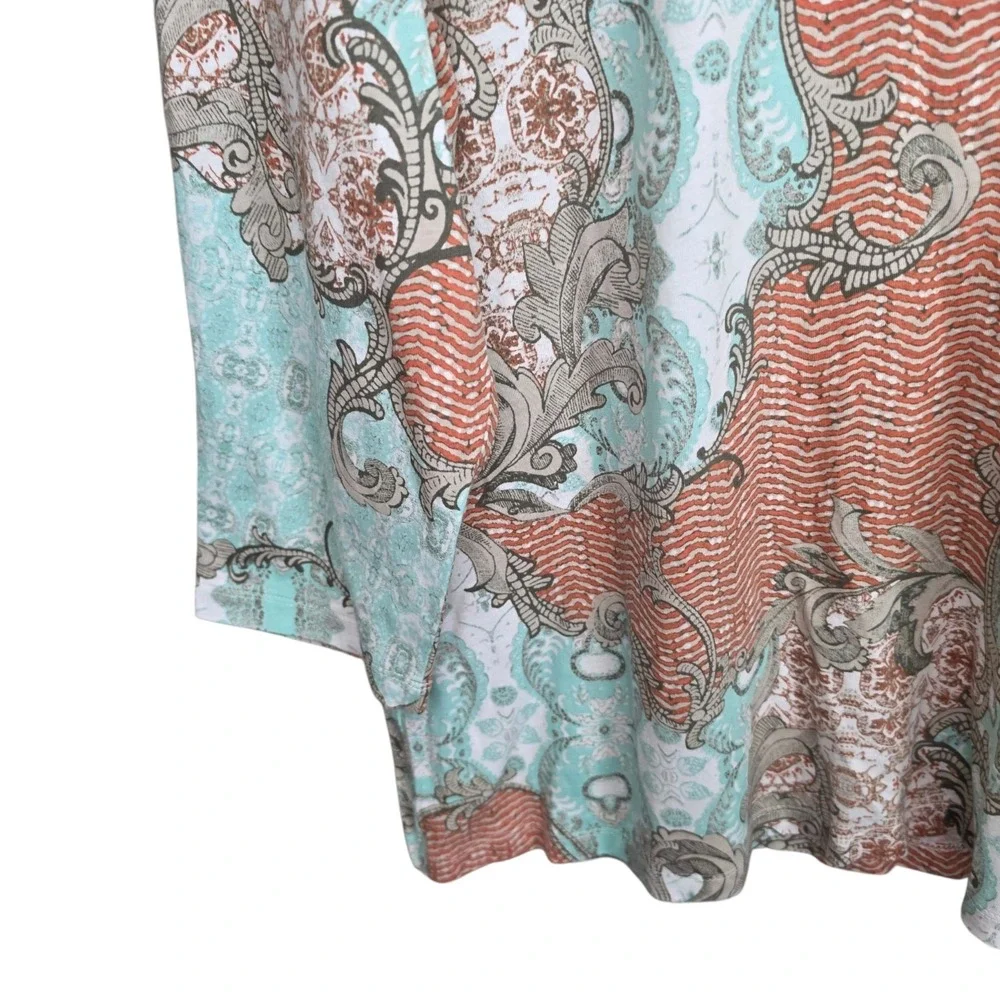 Chicos Top Womens 2‎ US Large Teal Orange Scoop Neck 3/4 Sleeve Tee Printed